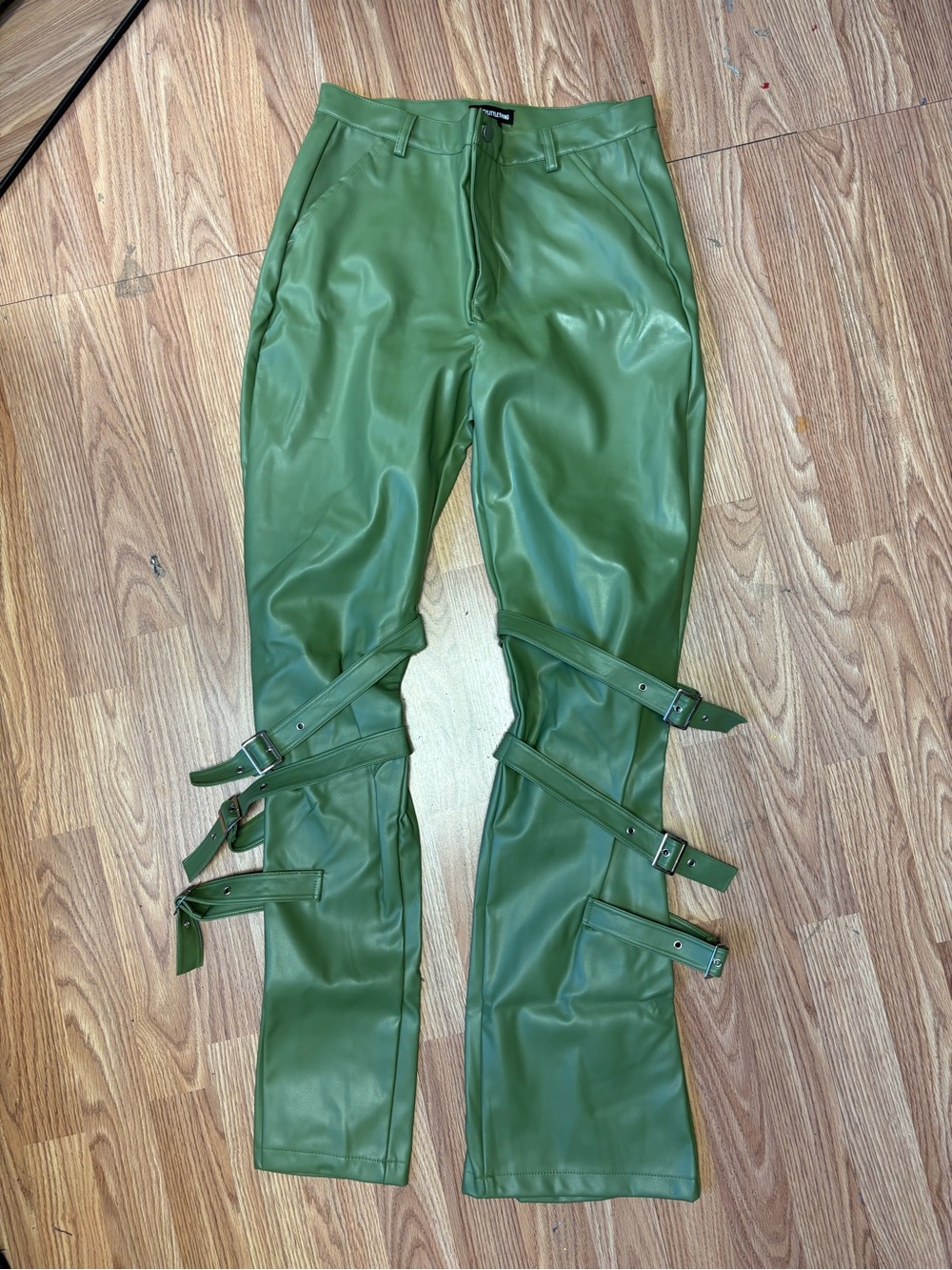 PrettyLittleThing Olive Green Faux Leather Strap Detail Trousers
